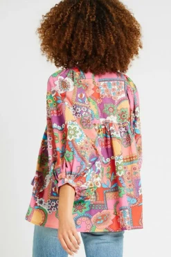 Sale Dear-Lover Boho Floral Bubble Sleeve Tassel Tied Neck Pleated Blouse Multicolour