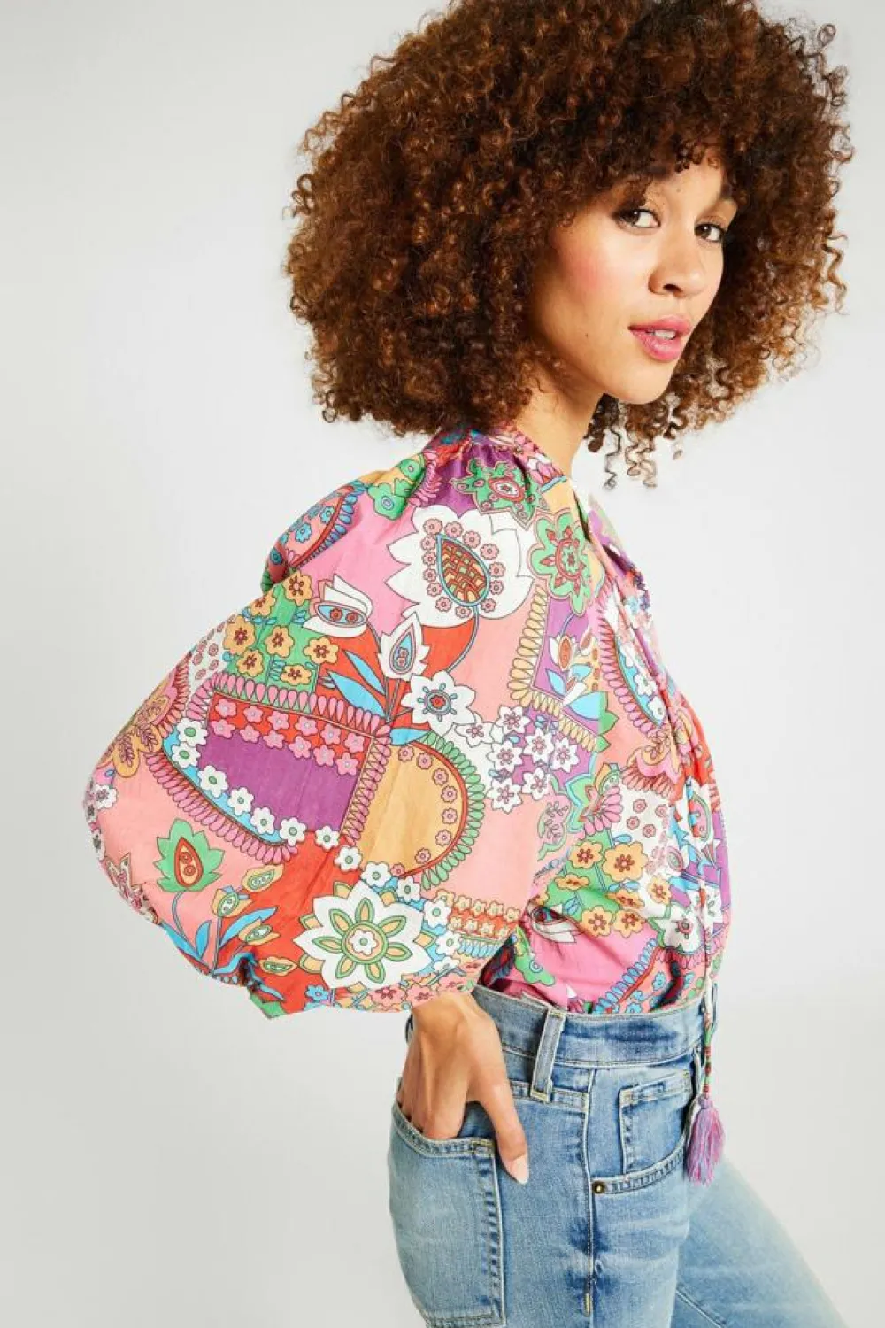 Sale Dear-Lover Boho Floral Bubble Sleeve Tassel Tied Neck Pleated Blouse Multicolour