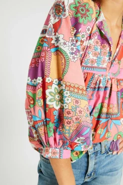 Sale Dear-Lover Boho Floral Bubble Sleeve Tassel Tied Neck Pleated Blouse Multicolour