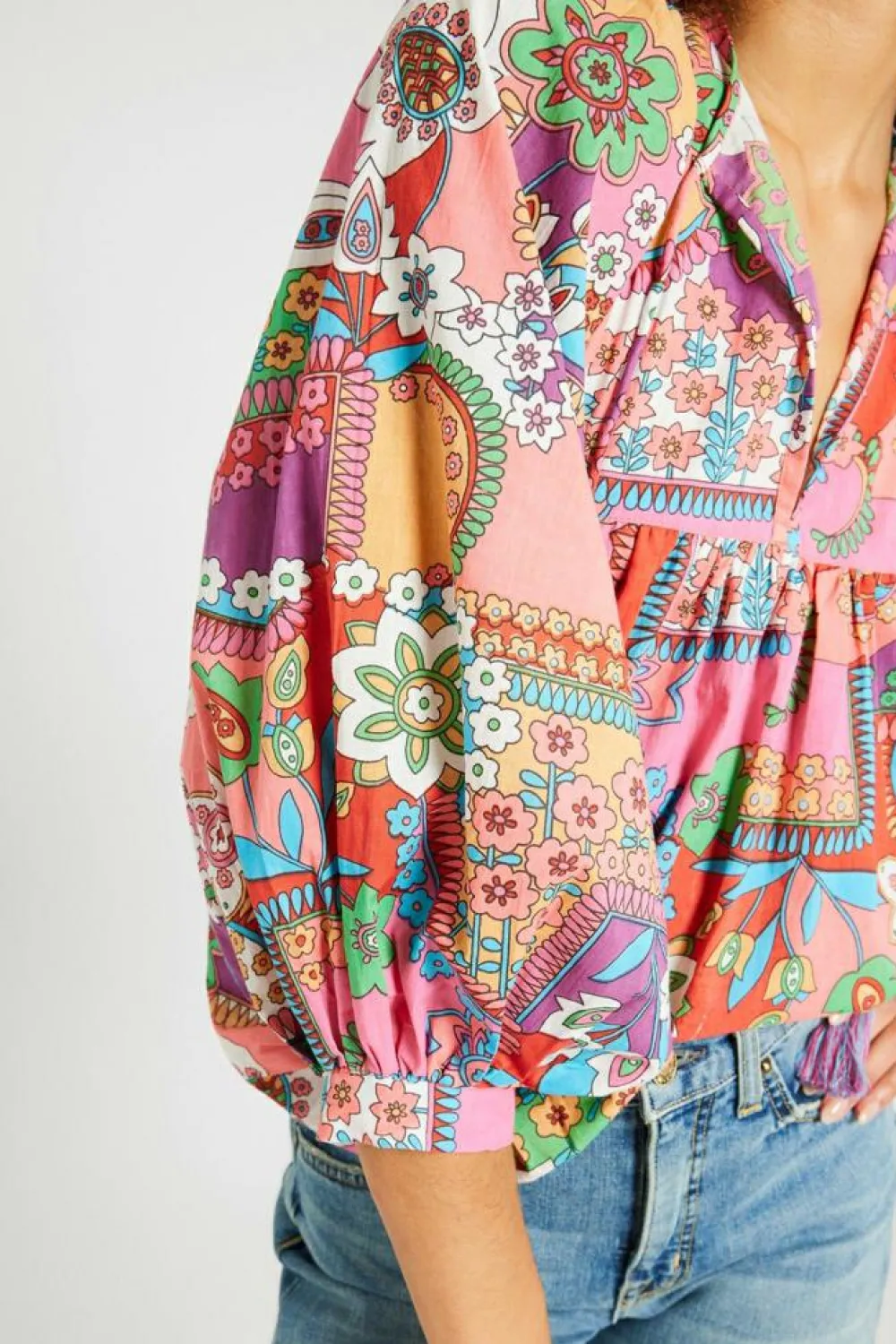 Sale Dear-Lover Boho Floral Bubble Sleeve Tassel Tied Neck Pleated Blouse Multicolour
