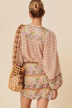 Fashion Dear-Lover Boho Floral Mixed Print Puff Sleeve Shirt Multicolour