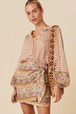 Fashion Dear-Lover Boho Floral Mixed Print Puff Sleeve Shirt Multicolour