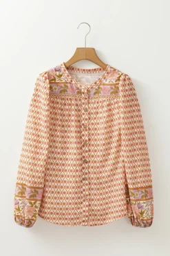 Fashion Dear-Lover Boho Floral Mixed Print Puff Sleeve Shirt Multicolour