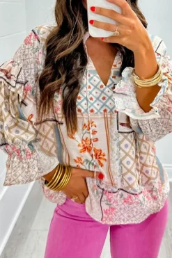 Clearance Dear-Lover Boho Floral Patched Ruffled Sleeve Tied Neck Blouse Multicolour