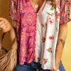 Clearance Dear-Lover Boho Floral Patchwork Buttoned Short Sleeve Blouse Multicolour