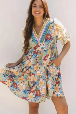 Fashion Dear-Lover Boho Floral Print Crochet Patchwork V Neck Loose Mini Dress Multicolour