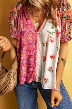 Clearance Dear-Lover Boho Floral Patchwork Buttoned Short Sleeve Blouse Multicolour