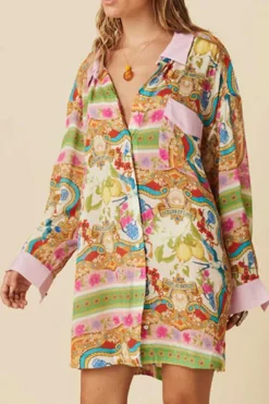 Fashion Dear-Lover Boho Floral Print Buttoned Long Sleeve Shirt Dress Multicolour