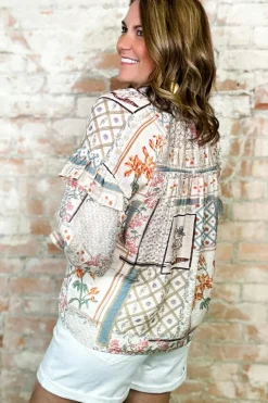 Clearance Dear-Lover Boho Floral Patched Ruffled Sleeve Tied Neck Blouse Multicolour