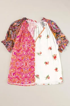 Clearance Dear-Lover Boho Floral Patchwork Buttoned Short Sleeve Blouse Multicolour