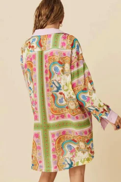 Fashion Dear-Lover Boho Floral Print Buttoned Long Sleeve Shirt Dress Multicolour