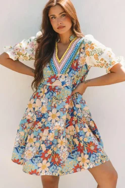 Fashion Dear-Lover Boho Floral Print Crochet Patchwork V Neck Loose Mini Dress Multicolour