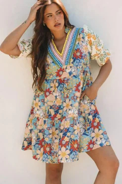 Fashion Dear-Lover Boho Floral Print Crochet Patchwork V Neck Loose Mini Dress Multicolour