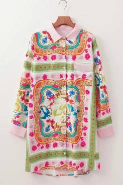 Fashion Dear-Lover Boho Floral Print Buttoned Long Sleeve Shirt Dress Multicolour