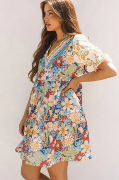 Fashion Dear-Lover Boho Floral Print Crochet Patchwork V Neck Loose Mini Dress Multicolour