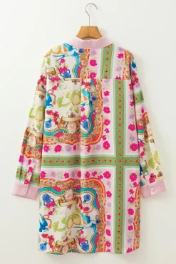 Fashion Dear-Lover Boho Floral Print Buttoned Long Sleeve Shirt Dress Multicolour