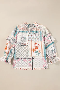 Clearance Dear-Lover Boho Floral Patched Ruffled Sleeve Tied Neck Blouse Multicolour