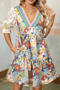 Fashion Dear-Lover Boho Floral Print Crochet Patchwork V Neck Loose Mini Dress Multicolour