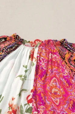 Clearance Dear-Lover Boho Floral Patchwork Buttoned Short Sleeve Blouse Multicolour