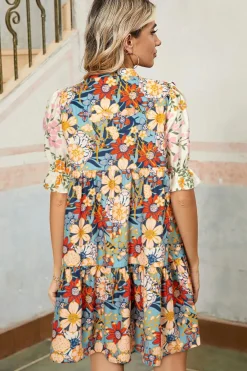 Fashion Dear-Lover Boho Floral Print Crochet Patchwork V Neck Loose Mini Dress Multicolour