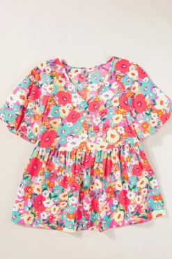 Best Dear-Lover Boho Floral Short Puff Sleeve Babydoll Blouse Multicolour