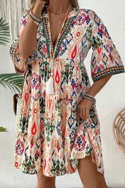 Sale Dear-Lover Boho Print V Neck Bracelet Sleeve Mini Dress Multicolour