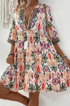 Sale Dear-Lover Boho Print V Neck Bracelet Sleeve Mini Dress Multicolour