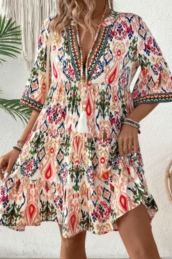 Sale Dear-Lover Boho Print V Neck Bracelet Sleeve Mini Dress Multicolour