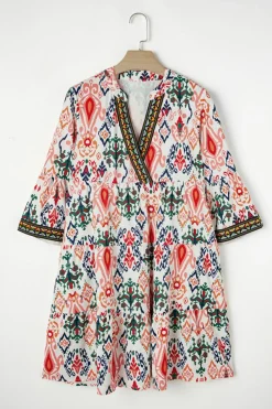 Sale Dear-Lover Boho Print V Neck Bracelet Sleeve Mini Dress Multicolour