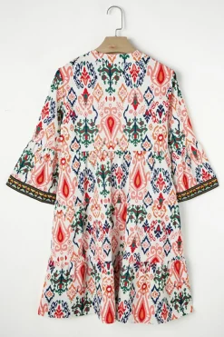 Sale Dear-Lover Boho Print V Neck Bracelet Sleeve Mini Dress Multicolour