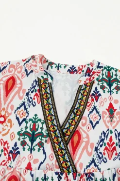 Sale Dear-Lover Boho Print V Neck Bracelet Sleeve Mini Dress Multicolour