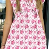 Sale Dear-Lover Bow Lattice Floral Print V Neck Knot Decor Mini Dress Multicolour