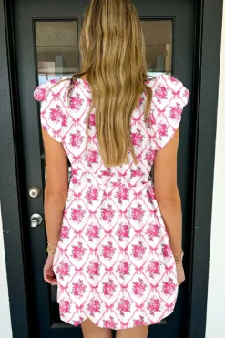 Sale Dear-Lover Bow Lattice Floral Print V Neck Knot Decor Mini Dress Multicolour