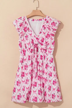 Sale Dear-Lover Bow Lattice Floral Print V Neck Knot Decor Mini Dress Multicolour