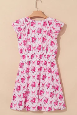 Sale Dear-Lover Bow Lattice Floral Print V Neck Knot Decor Mini Dress Multicolour