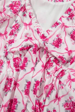 Sale Dear-Lover Bow Lattice Floral Print V Neck Knot Decor Mini Dress Multicolour