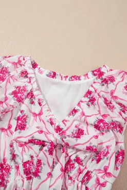 Sale Dear-Lover Bow Lattice Floral Print V Neck Knot Decor Mini Dress Multicolour
