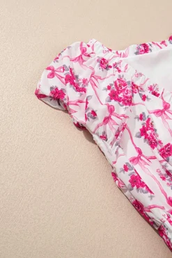 Sale Dear-Lover Bow Lattice Floral Print V Neck Knot Decor Mini Dress Multicolour