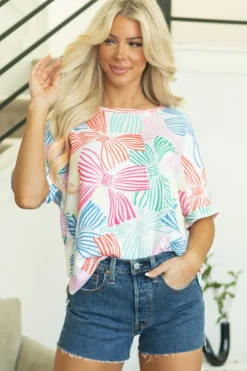 Best Dear-Lover Bowknot Printed Waffle Crewneck Loose Short Sleeve Top Multicolour
