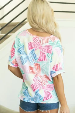 Best Dear-Lover Bowknot Printed Waffle Crewneck Loose Short Sleeve Top Multicolour