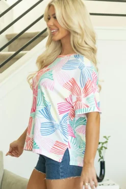 Best Dear-Lover Bowknot Printed Waffle Crewneck Loose Short Sleeve Top Multicolour