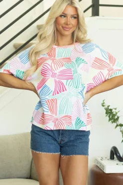 Best Dear-Lover Bowknot Printed Waffle Crewneck Loose Short Sleeve Top Multicolour