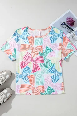 Best Dear-Lover Bowknot Printed Waffle Crewneck Loose Short Sleeve Top Multicolour