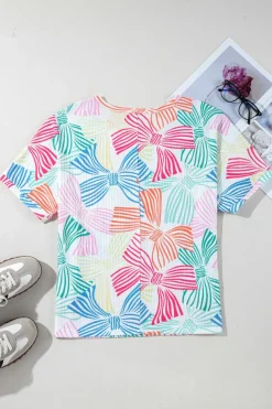 Best Dear-Lover Bowknot Printed Waffle Crewneck Loose Short Sleeve Top Multicolour