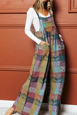 Online Dear-Lover Brushed Checkered Wide Leg Overalls Multicolour
