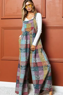 Online Dear-Lover Brushed Checkered Wide Leg Overalls Multicolour