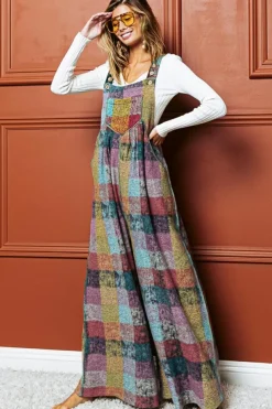 Online Dear-Lover Brushed Checkered Wide Leg Overalls Multicolour