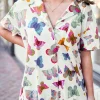 New Dear-Lover Butterfly Pattern Short Sleeve Shirt Pajamas Set Multicolour