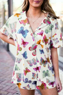 New Dear-Lover Butterfly Pattern Short Sleeve Shirt Pajamas Set Multicolour