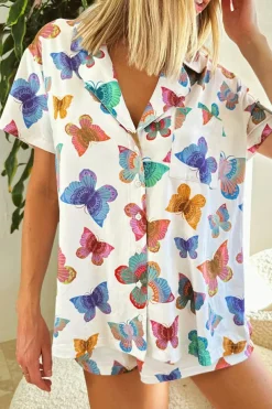 New Dear-Lover Butterfly Pattern Short Sleeve Shirt Pajamas Set Multicolour